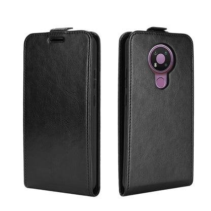 Black leather flip phone case, front and back views with camera cutout