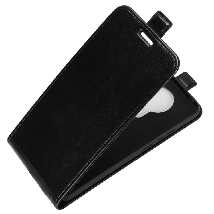 Black leather flip phone case with smooth cover and fold-in stand tab
