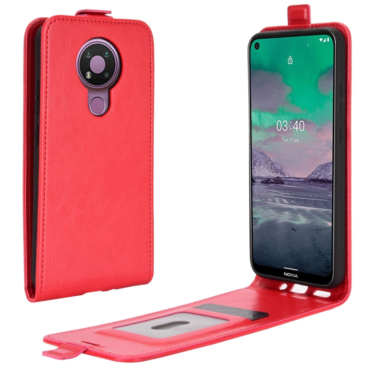 Red leather flip phone case with camera cutout and open stand flap