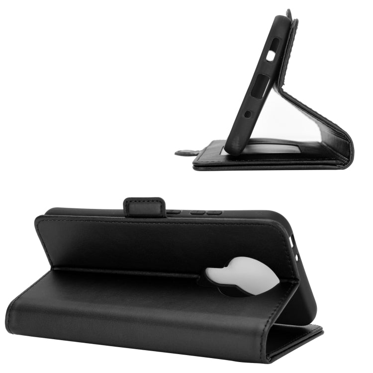 Black flip leather phone case with fold-out stand and magnetic strap closure