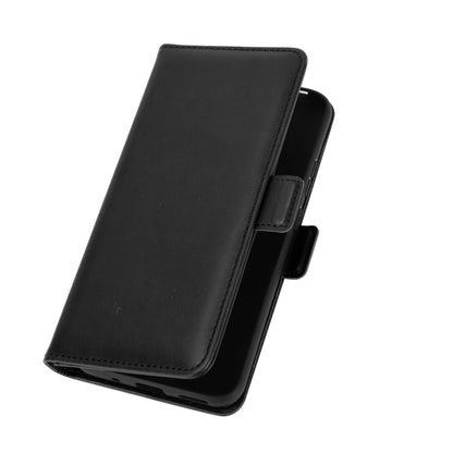 Black leather wallet phone case with side magnetic strap for closure