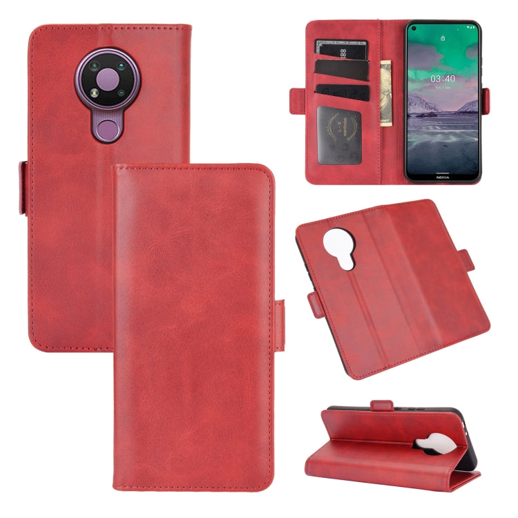 Red horizontal flip leather case with magnetic buckle, card slots, and wallet