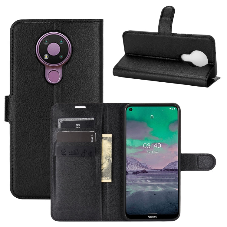 Black litchi-texture flip wallet case with card slots and stand for Nokia 3.4