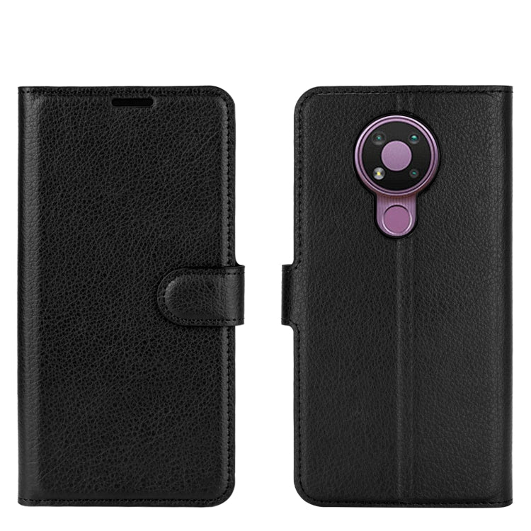 Black litchi-texture flip wallet case with magnetic flap and camera cutout for Nokia 3.4