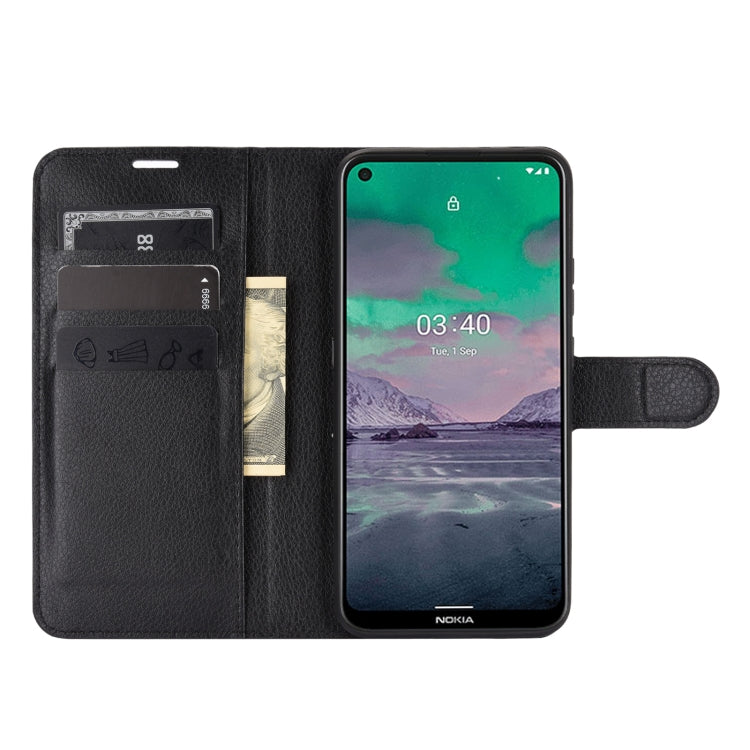 Black flip wallet case with card slots, holder pocket, and stand for Nokia 3.4