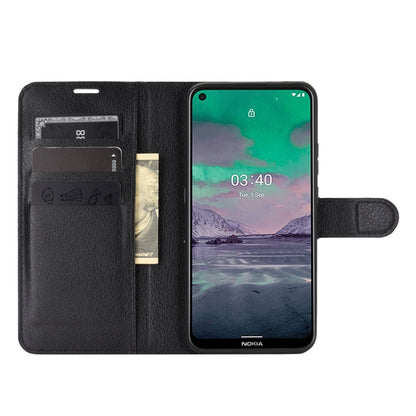 Black flip wallet case with card slots, holder pocket, and stand for Nokia 3.4