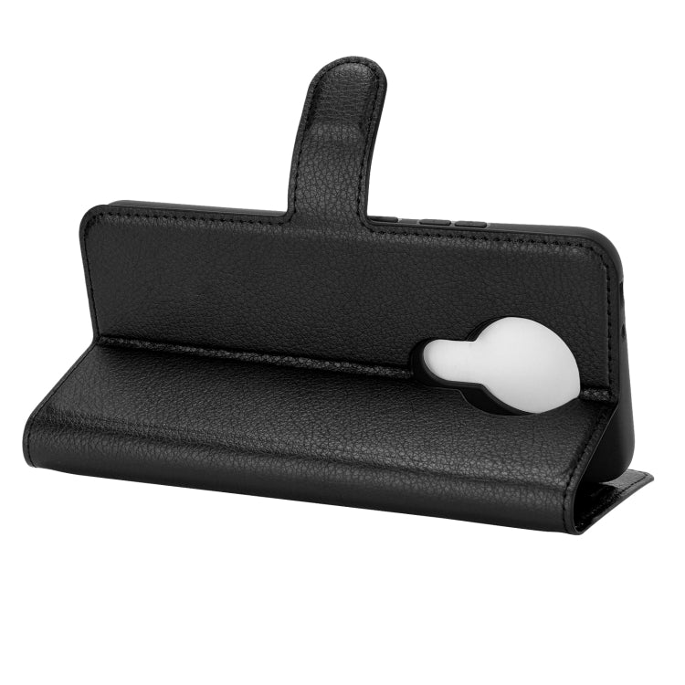Black litchi-texture folio flip case with built-in stand and phone camera cutout