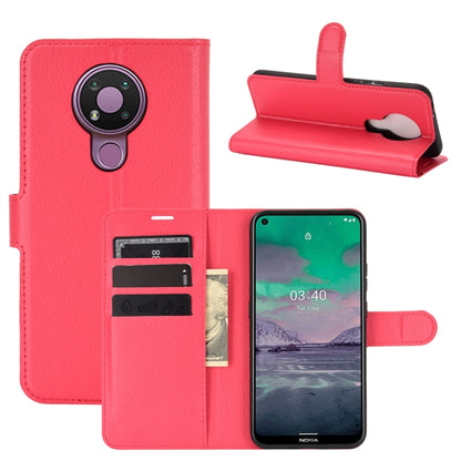 Red litchi-texture flip wallet case with card slots and stand for Nokia 3.4