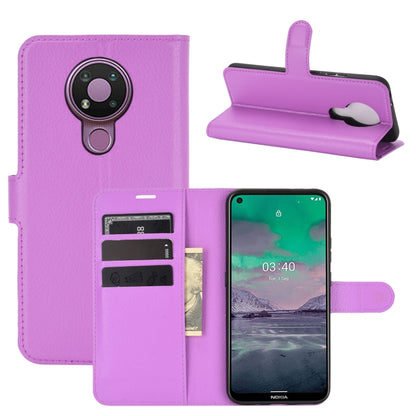 Purple litchi-texture flip wallet case with card slots and stand for Nokia 3.4