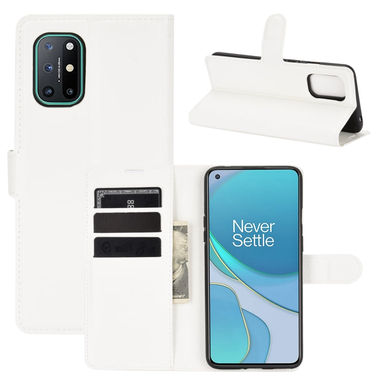 White flip wallet case with card slots and stand for OnePlus 8T phone