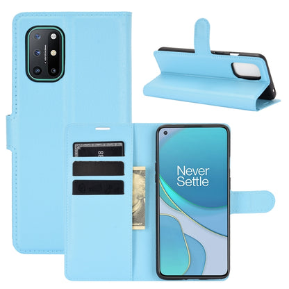 Light blue litchi-texture flip phone case with card slots and stand
