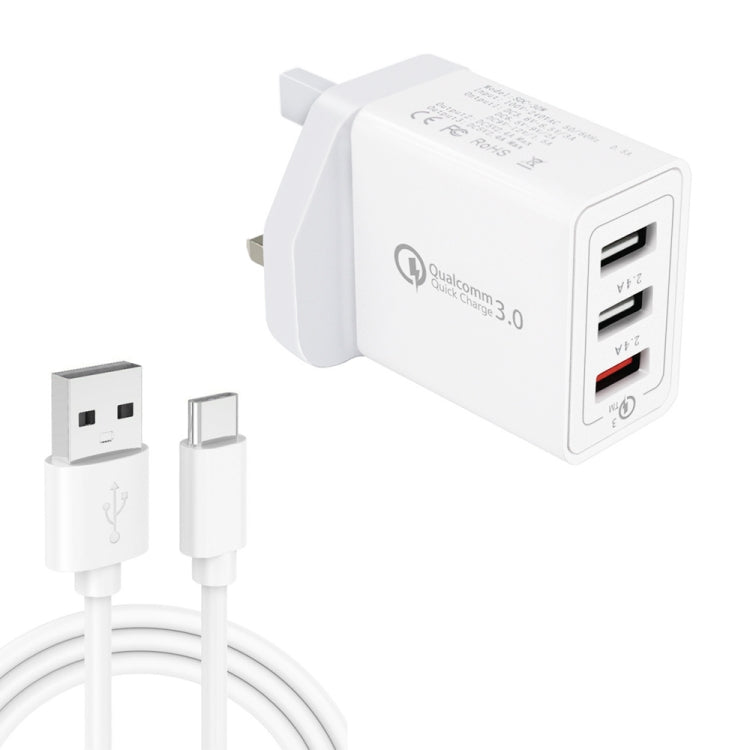 White UK wall USB charger with dual USB ports and attached white USB-C cable