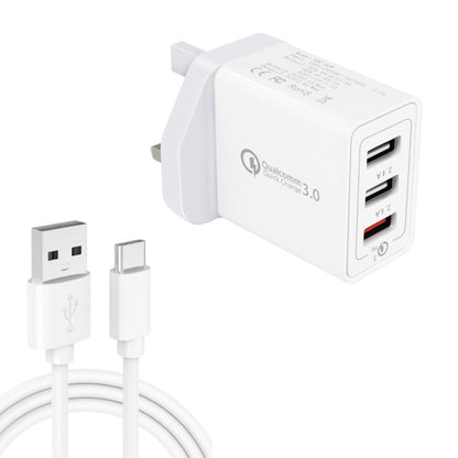 White UK wall USB charger with dual USB ports and attached white USB-C cable