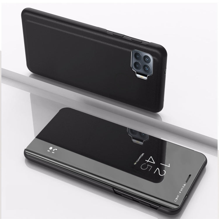 Horizontal flip mirror leather phone case with stand, black, rear camera cutout