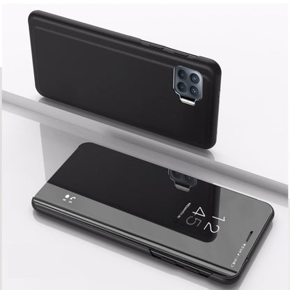 Horizontal flip mirror leather phone case with stand, black, rear camera cutout