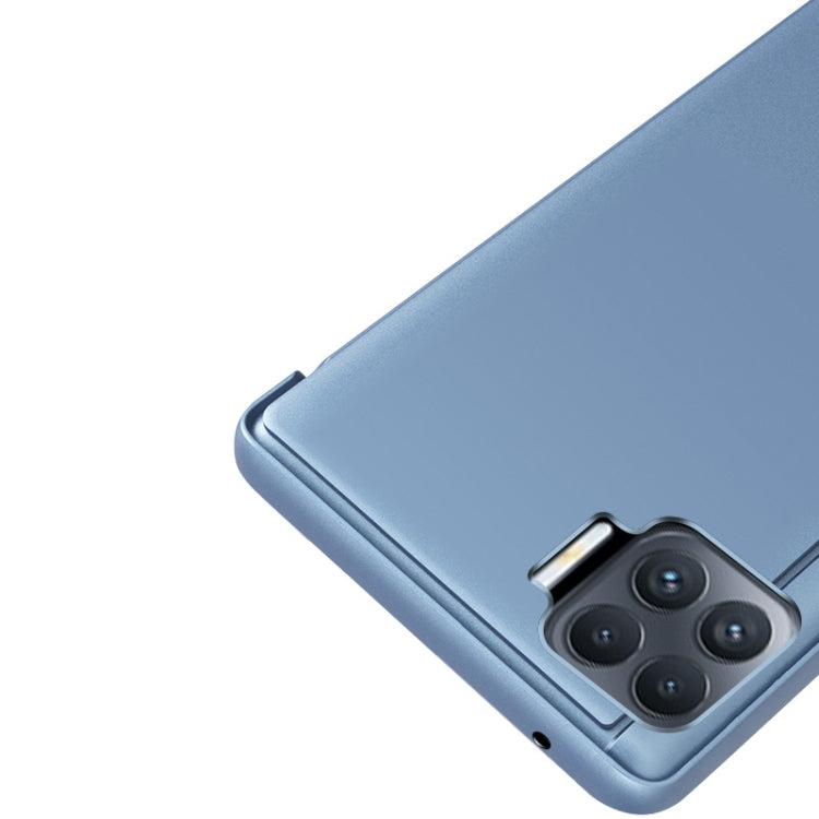 Horizontal flip mirror leather phone case with stand, blue, corner and camera section