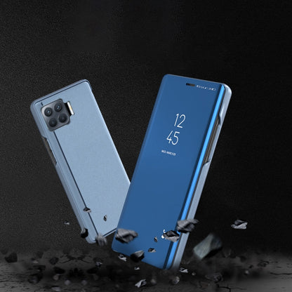 Horizontal flip mirror leather phone case with stand, blue and light gray, rear camera