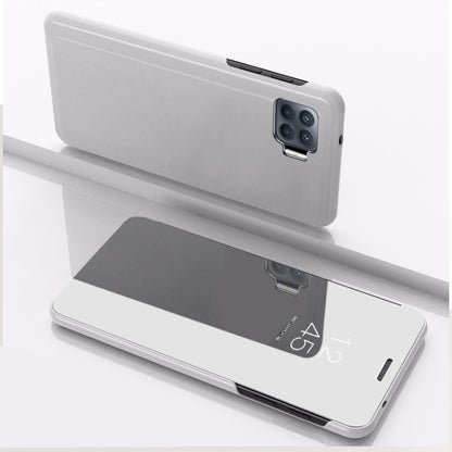 Horizontal flip mirror leather phone case with stand, silver, rear camera cutout