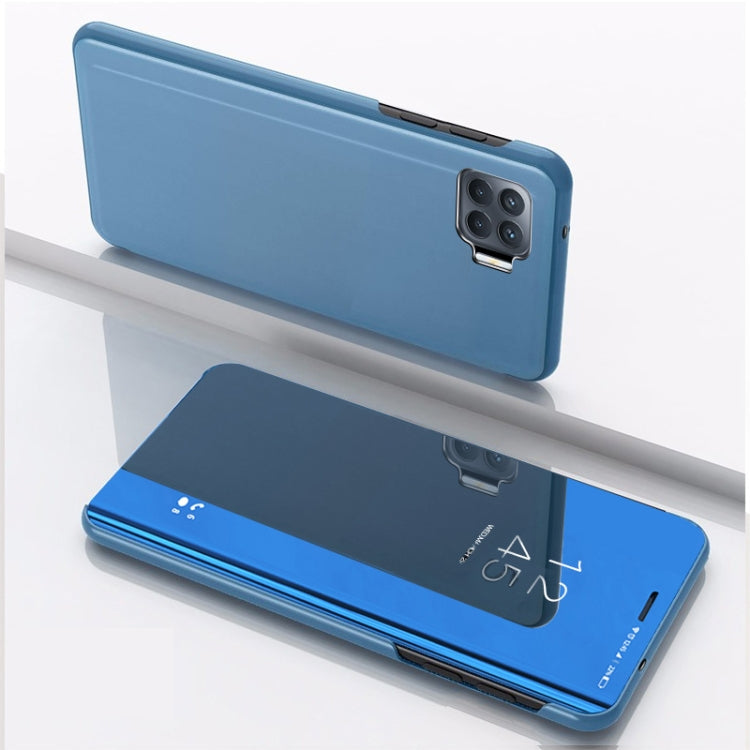 Horizontal flip mirror leather phone case with stand, blue, mirror cover in use
