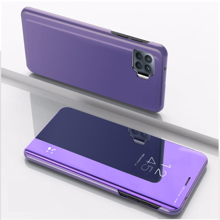Horizontal flip mirror leather phone case with stand, purple, rear camera cutout