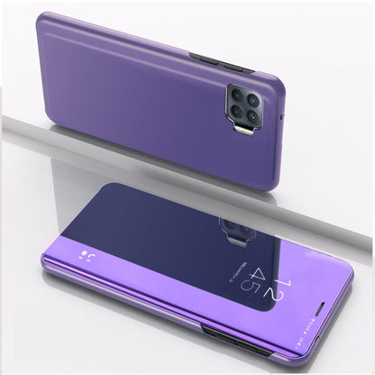 Horizontal flip mirror leather phone case with stand, purple, rear camera cutout
