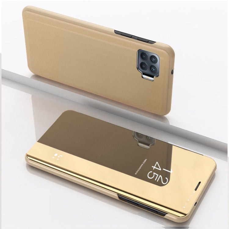 Gold-beige flip leather phone case with mirror window and card holder