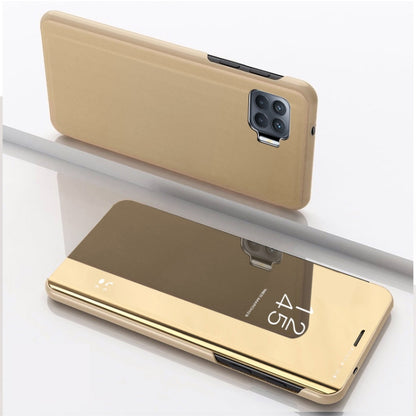 Gold-beige flip leather phone case with mirror window and card holder