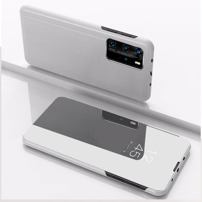 Silver flip leather phone case with mirror window and card holder