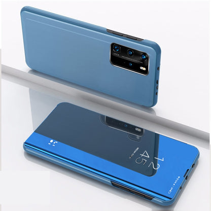 Blue flip leather phone case with mirror window and card holder