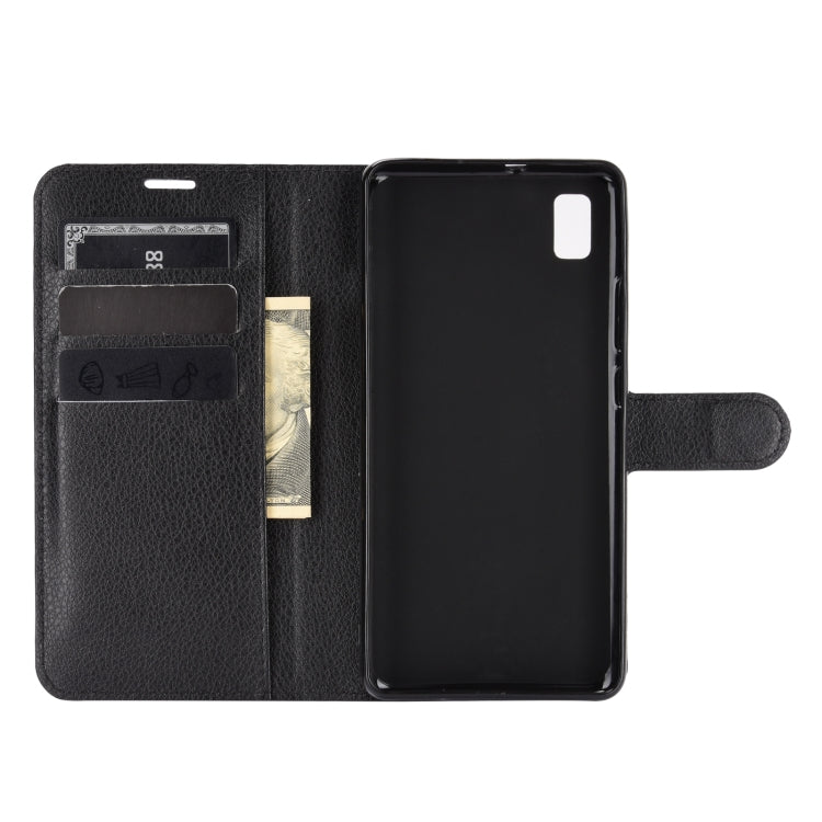 Black folio flip phone wallet case with card slots and window cutout for ZTE Blade L210