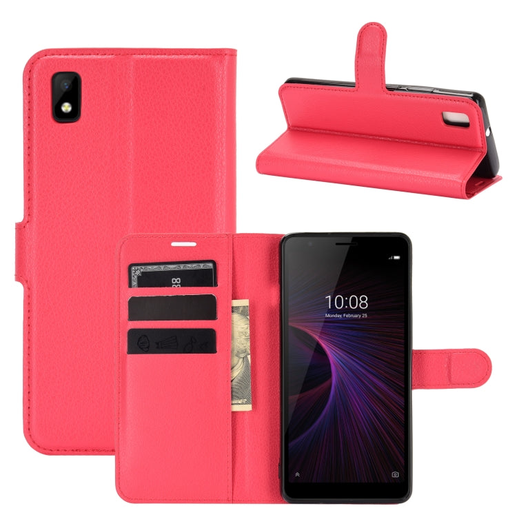 Red folio flip phone wallet case with card slots and flip stand for ZTE Blade L210
