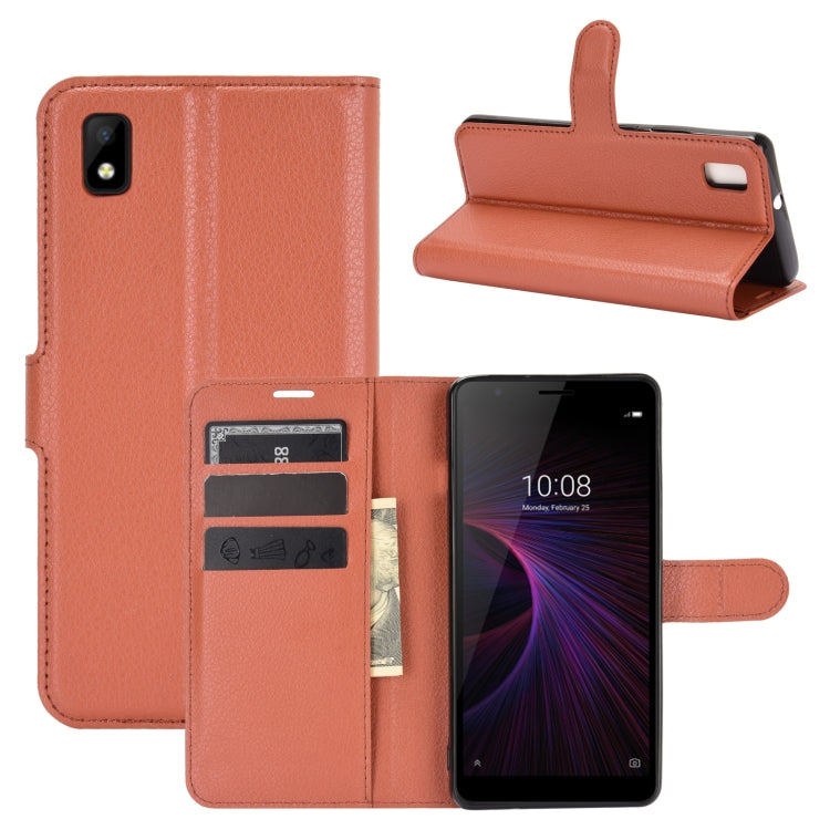 Brown folio flip phone wallet case with card slots and flip stand for ZTE Blade L210