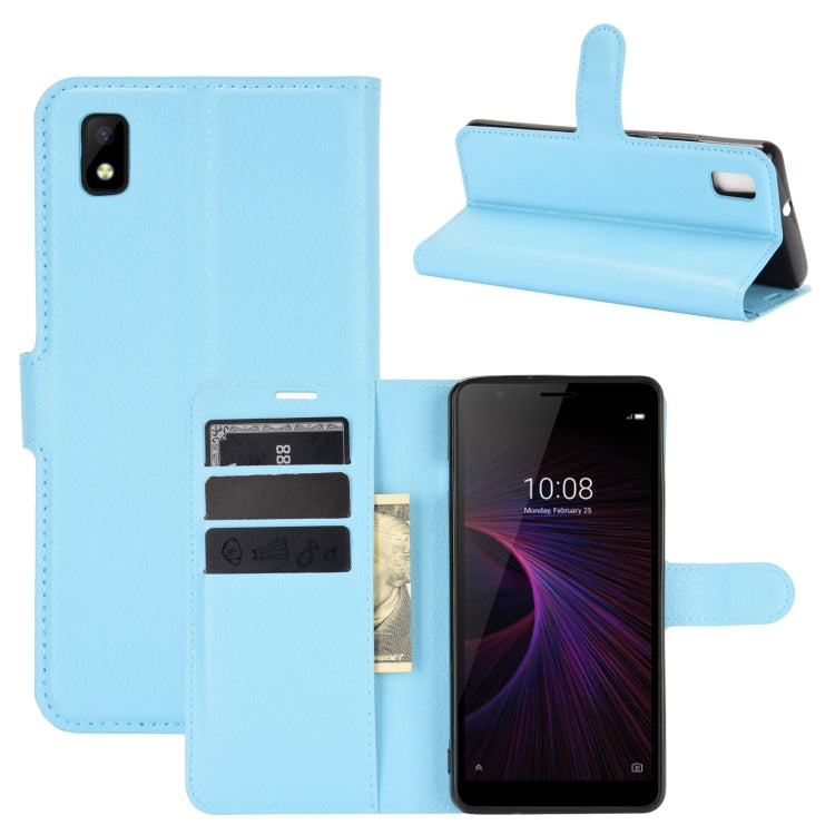 Blue folio flip phone wallet case with card slots and flip stand for ZTE Blade L210
