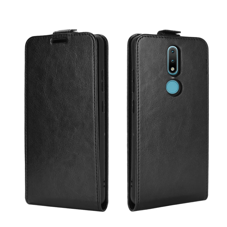 Black vertical flip leather phone case, back view with camera and speaker cutouts