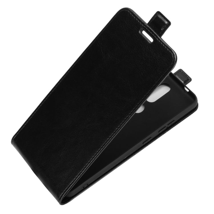 Black leather flip case for phone, cover folded open with side button openings
