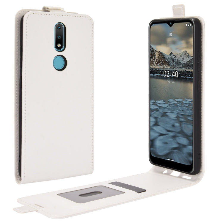 White vertical flip leather phone case with card slots and photo window, camera cutout