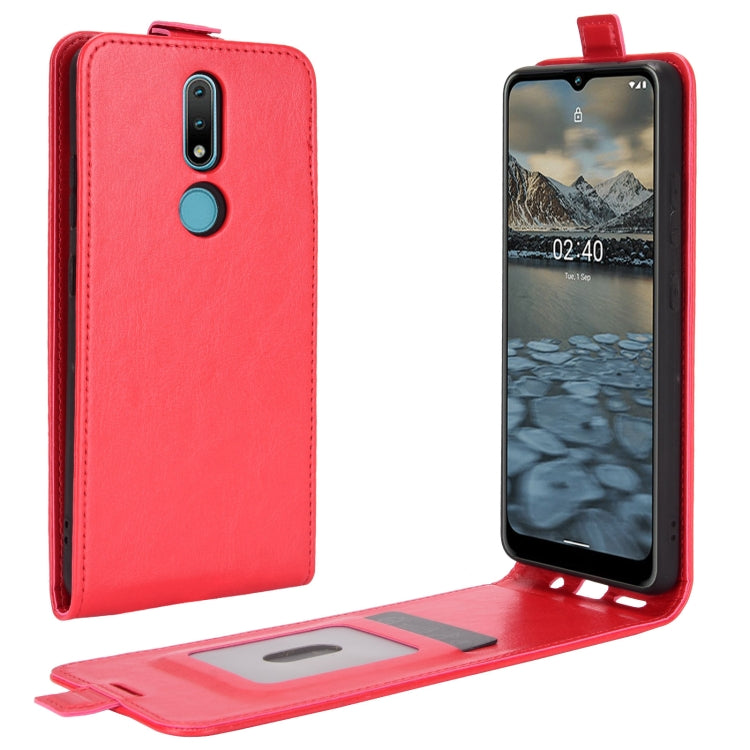 Red vertical flip leather phone case with card slots and photo window, flip cover