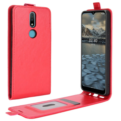 Red vertical flip leather phone case with card slots and photo window, flip cover