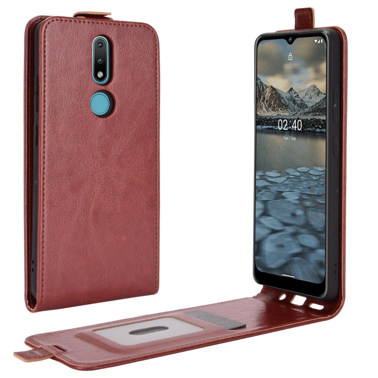 Brown vertical flip leather phone case with card slots and photo window, phone docked