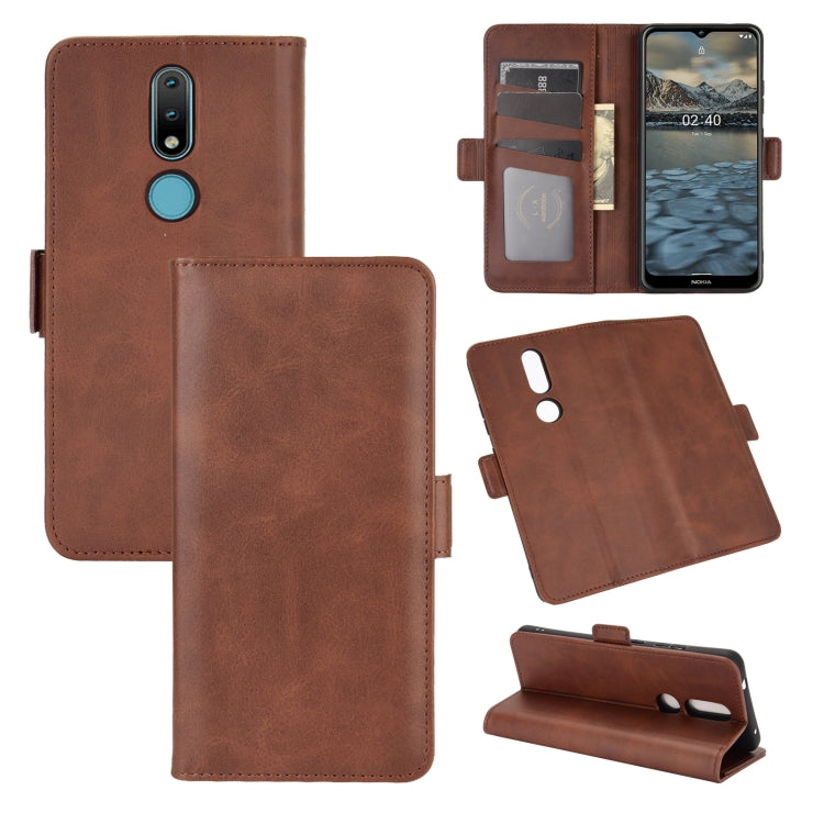 Brown leather horizontal flip phone case with magnetic closure, card slots, and wallet pocket.