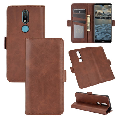 Brown leather horizontal flip phone case with magnetic closure, card slots, and wallet pocket.