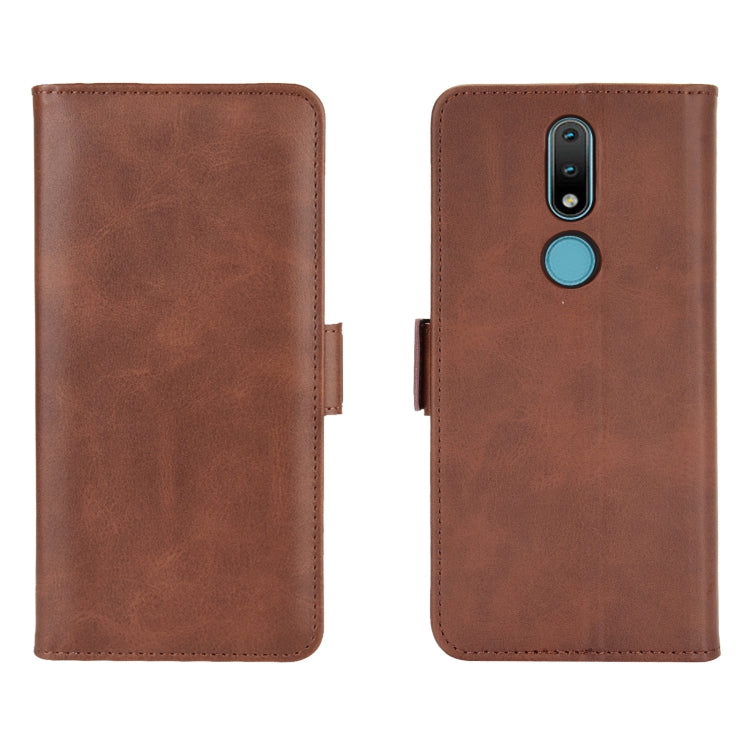 Brown leather flip phone case with side magnetic buckle and camera cutout.