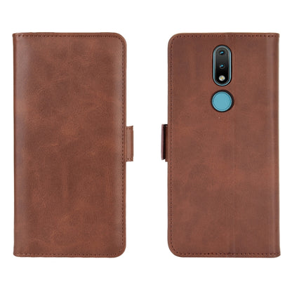 Brown leather flip phone case with side magnetic buckle and camera cutout.