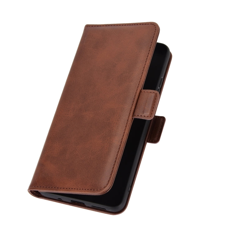 Brown leather horizontal flip phone case with magnetic closure, seen from side angle.