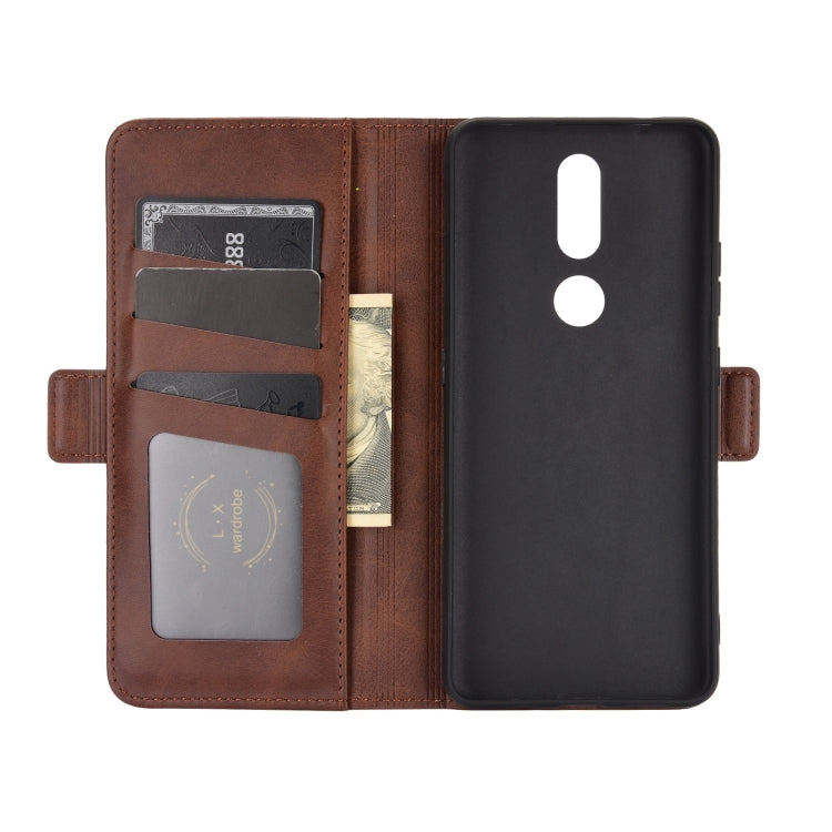 Brown leather wallet flip phone case with card slots and inner phone panel.