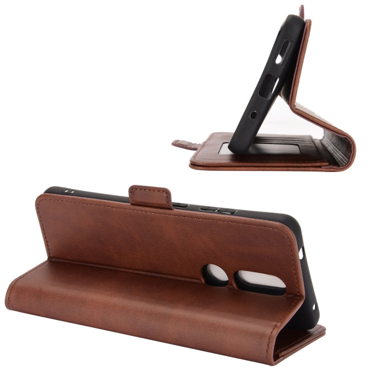 Brown leather stand-style flip phone case with magnetic buckle and side cutouts.