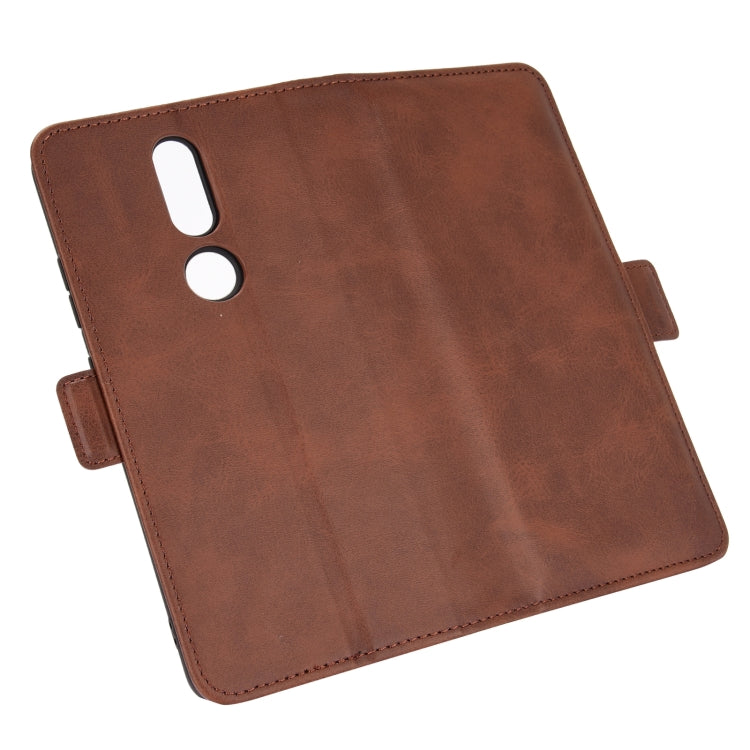 Brown leather horizontal flip phone case with camera cutouts and magnetic flap tab.