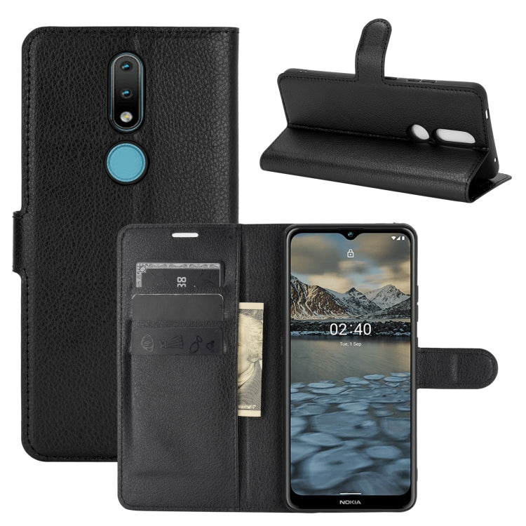 Black leather-style flip wallet case with card slots and magnetic stand for Nokia 2.4