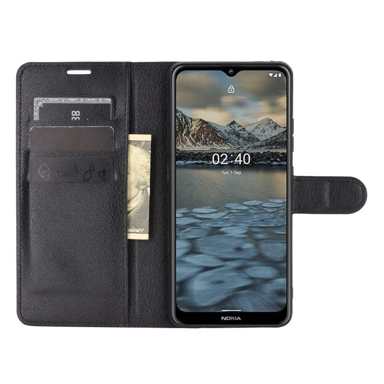Black leather-style flip wallet case with card slots and phone screen view for Nokia 2.4