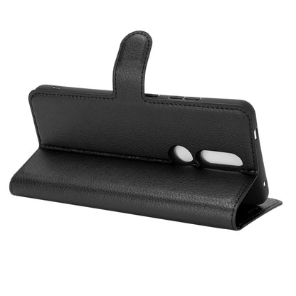 Black leather-style flip stand case with camera cutout and speaker opening for Nokia 2.4